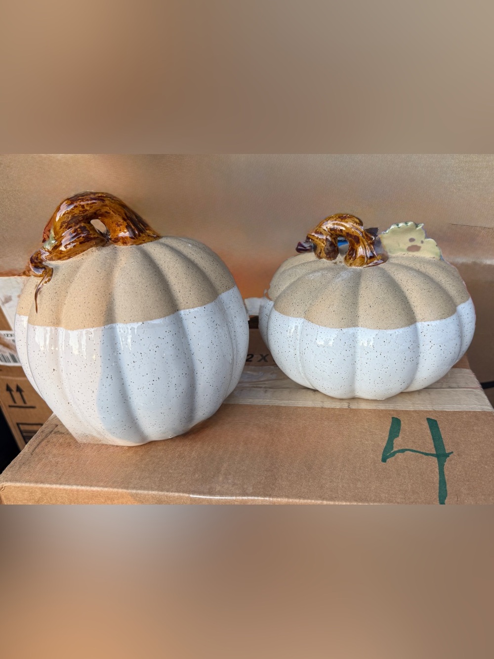 Ceramic Two-Tone White and Tan Decorative Pumpkins (Set of 2)